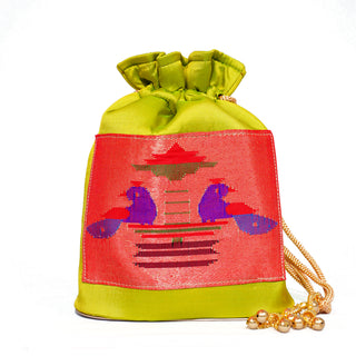 Pure Silk Paithani Batwa - Parrot Green