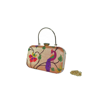 Paithani Frame Clutch - Peacock & Coral