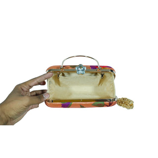 Paithani Frame Clutch - Peacock & Coral