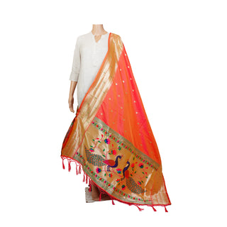 Paithani Tripple Muniya Dupatta - Peach with Pink