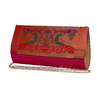 Paithani Medium Clutch - Rani Pink
