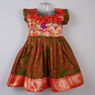 Paithani Frock - Green Dhoop chav (Dual tone Green and red)