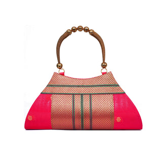 Paithani Boat Shape Handbag - Reddish Pink