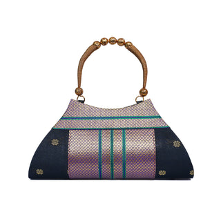 Paithani Boat Shape Handbag - Black