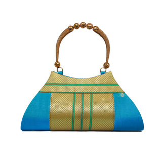 Paithani Boat Shape Handbag - Teal Blue