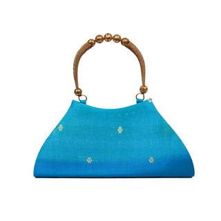 Paithani Boat Shape Handbag - Teal Blue