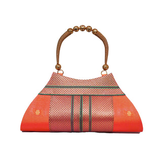Paithani Boat Shape Handbag - Orange