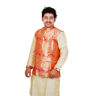 Gents Paithani Jacket - Mor - Popat