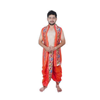 Traditional Men's Paithani Sovale and Uparne Set - Authentic Peacock Design - Peach Orange